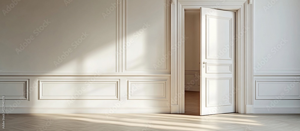 Fototapeta premium Sunlit Interior: Elegant Room with Open Door