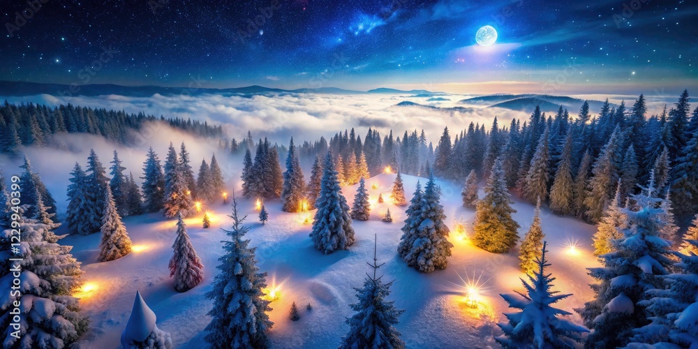 Fototapeta premium Drone's eye view: a Christmas forest transformed, twinkling lights illuminating a winter wonderland.