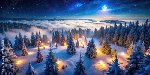 Drone's eye view: a Christmas forest transformed, twinkling lights illuminating a winter wonderland.