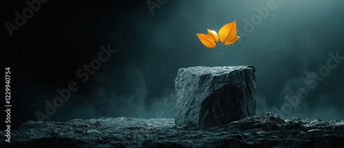 A solitary orange flower emerges from a rocky surface, symbolizing resilience and hope.