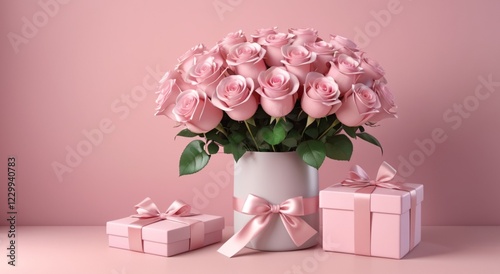 A romantic bouquet of soft pink roses paired with a beautifully wrapped gift, set against a pastel pink background for a sweet, celebratory vibe.
