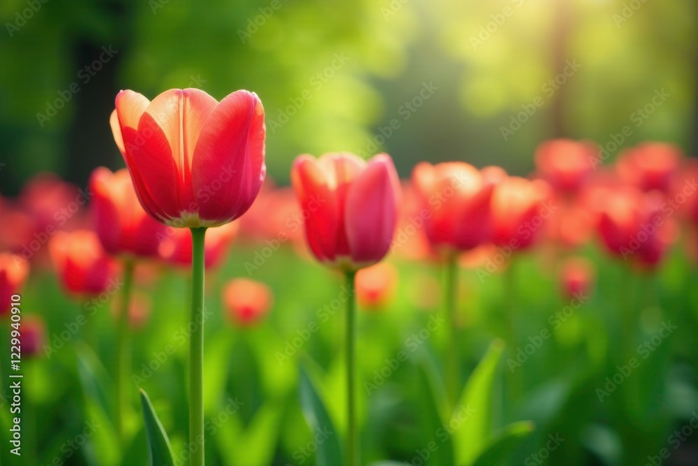Tulips swaying gently in a gentle breeze amidst lush greenery, garden, sway Tulips swaying gently in a gentle breeze amidst lush greenery, garden, sway