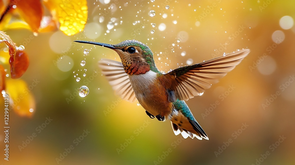 Naklejka premium Hummingbird in Rain: A Burst of Color and Grace