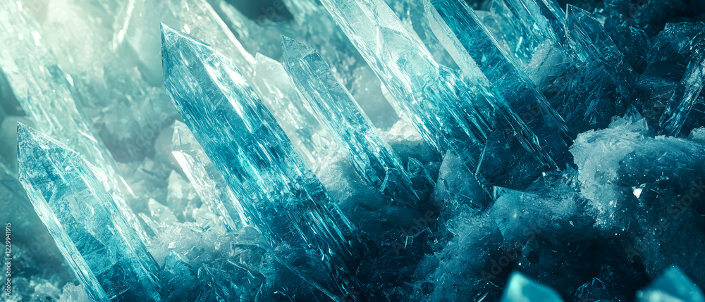 Fototapeta premium Ultra detailed crystal ice particles with sharp, faceted edges in vibrant blue tones. Close up macro shot capturing the beauty of frozen nature. Abstract winter design.Generative ai