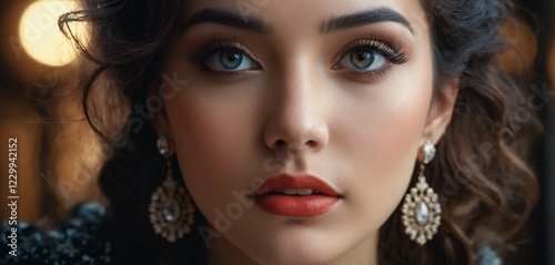 Beautiful cinematic beauty macro woman face close-up wearing sensual light make-up