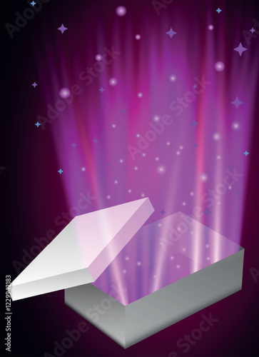 A mesmerizing vector illustration of an open magic gift box, radiating a glowing light with sparkling glitter and flashes of mystical energy. The box appears to be exploding with a burst of stars