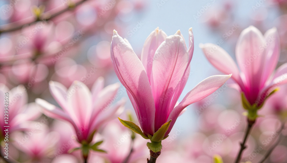 Obraz premium Spring background featuring blooming pink magnolia flowers with a soft bokeh effect, showcasing nature's beauty