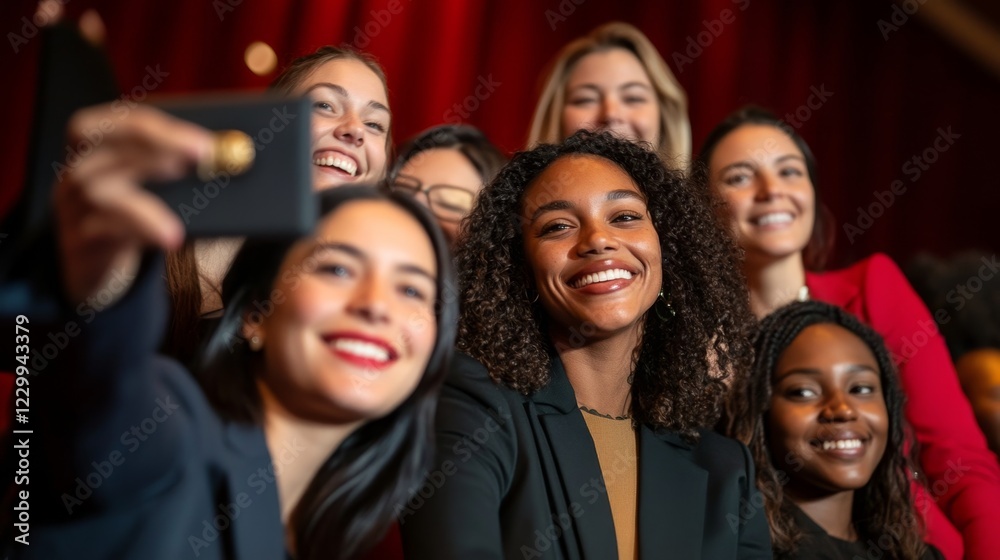 Diverse Group of Women Smiling and Taking Group Selfie Together Diverse Group of Women Smiling and Taking Group Selfie Together