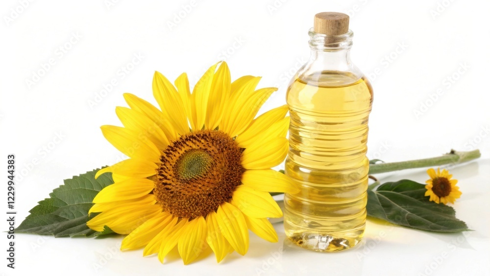 A sunflower with vibrant yellow petals next to a glass bottle of sunflower oil on a white background. A sunflower with vibrant yellow petals next to a glass bottle of sunflower oil on a white background.