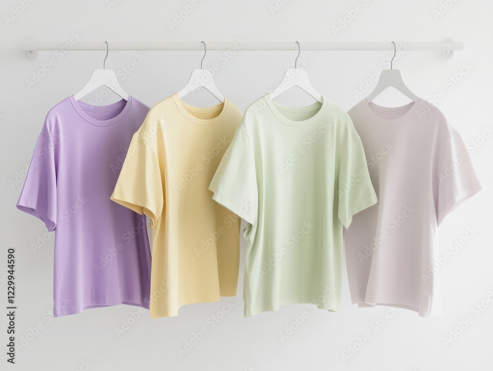 Pastel colored t-shirts displayed on hangers in minimalist studio soft light fashion inspiration Pastel colored t-shirts displayed on hangers in minimalist studio soft light fashion inspiration