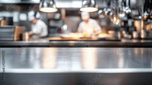 A metal table in the foreground with a soft focus on the background of a working cafe or restaurant kitchen. The table is clean, ideal as a backdrop for displaying food or kitchen supplies.