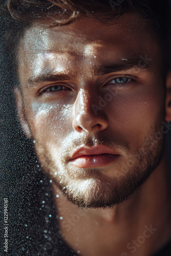 stylish man with dewy look, showcasing close up portrait with water droplets on glass, highlighting his facial features and intense gaze