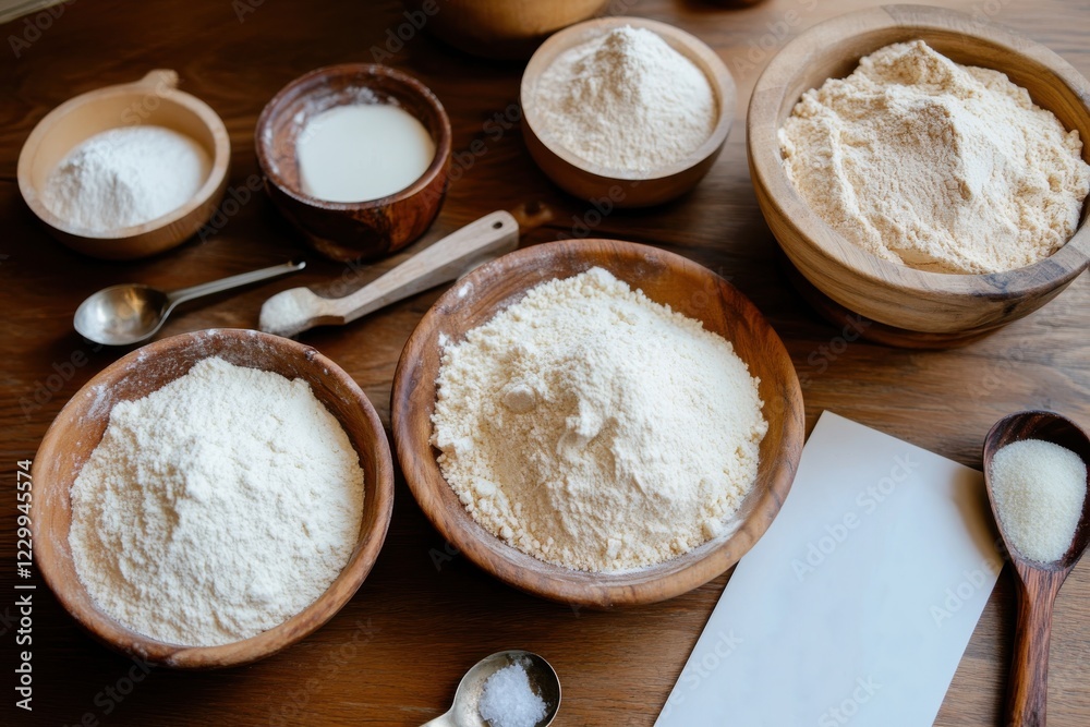 A rustic kitchen scene featuring an assortment of flours in wooden bowls, emphasizing the art of baking and the variety of textures and colors in culinary creations. A rustic kitchen scene featuring an assortment of flours in wooden bowls, emphasizing the art of baking and the variety of textures and colors in culinary creations.