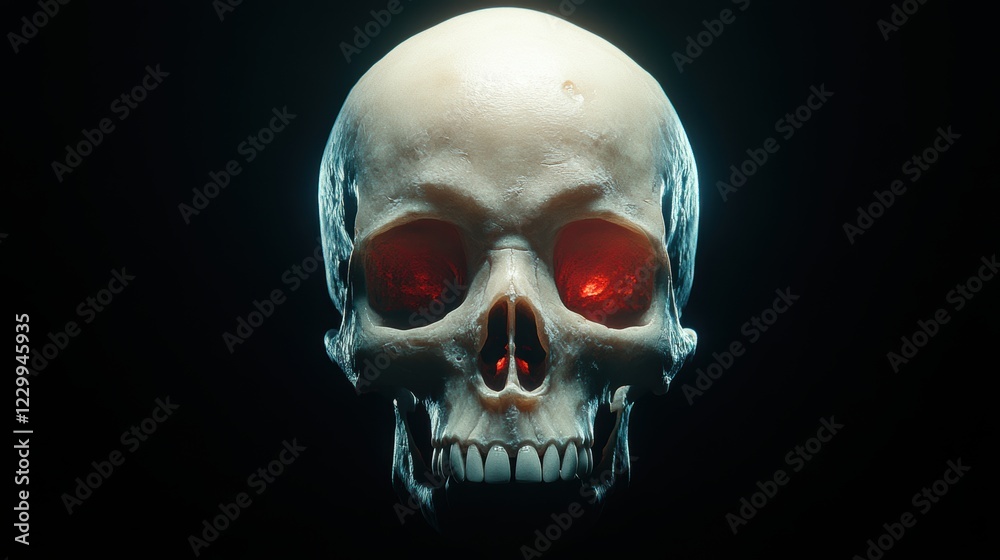 Obraz premium A detailed human skull with glowing red eyes against a dark background, perfect for themes of mortality, science, or horror, Ideal for educational materials, graphic design, or Halloween projects,