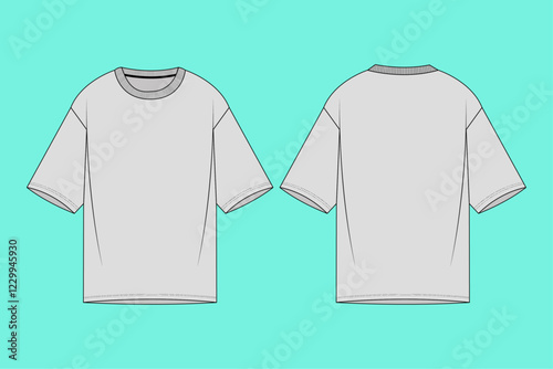  Men's crew neck drop shoulder t-shirt flat sketch template. Front and back views.