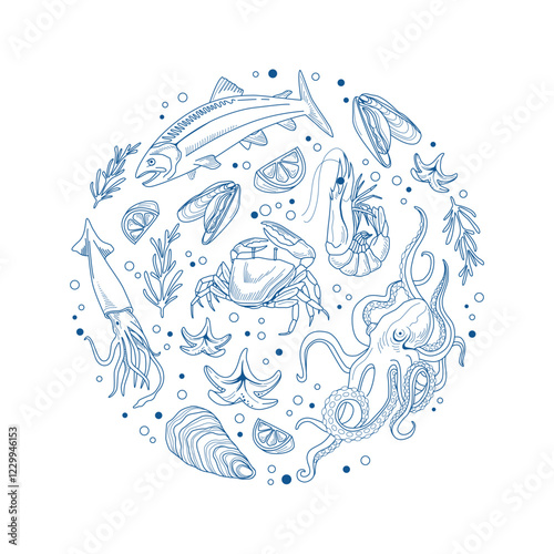 Set of linear seafood on white background in a circle. Octopus, shrimp, salmon, trout, oysters, mussels, squid, crabs. Hand drawn vector illustration of sea sea creatures.