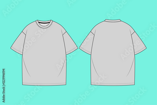  Mens round neck oversized short sleeve T-shirt flat sketch.