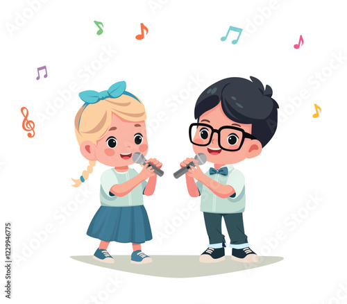 happy cute kids boy and girl sing a song