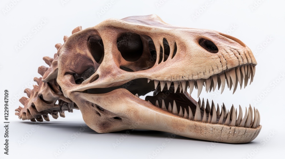 Naklejka premium A detailed depiction of a dinosaur skull showcasing sharp teeth and intricate bone structures, suitable for educational materials, museums