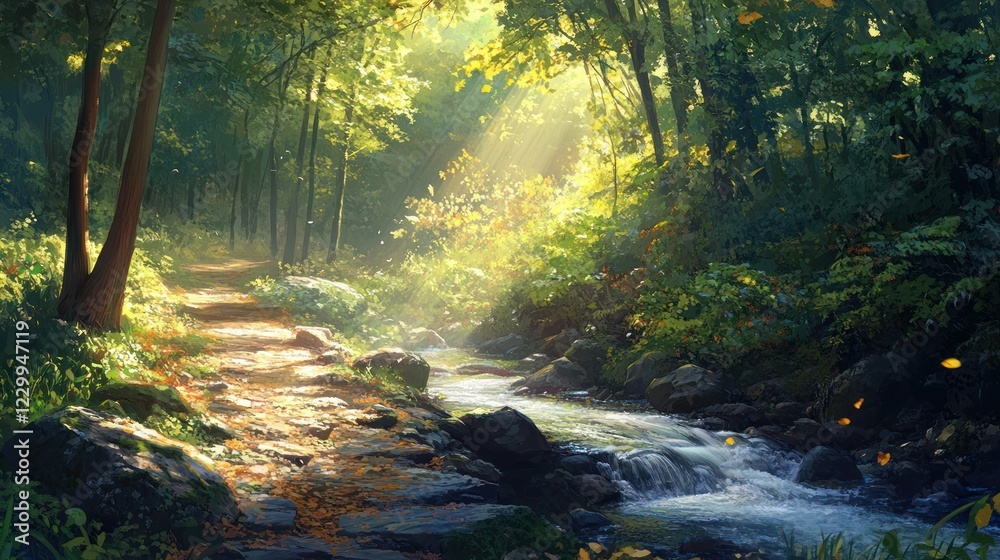 Obraz premium Sunlit forest path beside stream, autumn leaves