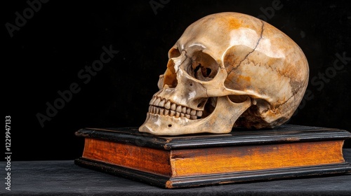 A detailed skull placed on an antique book highlights themes of mortality and knowledge, Ideal for educational materials, medical illustrations, or artistic projects, photo