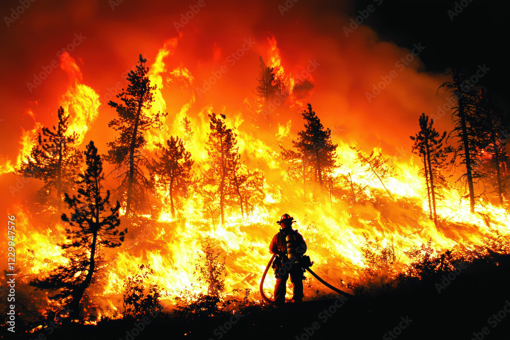 Obraz premium firefighter stands bravely silhouetted against raging wildfire, surrounded by flames and smoke, showcasing courage and determination