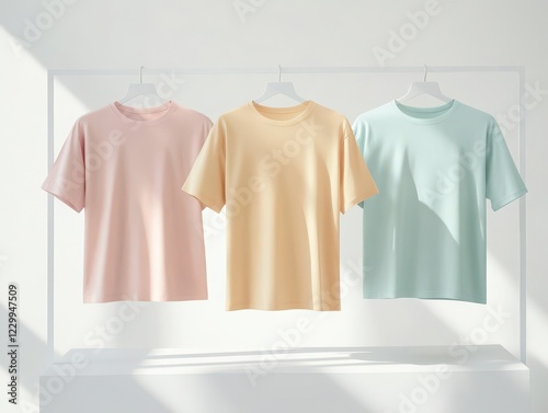 Soft pastel t-shirts displayed in minimalist studio setting fashion inspiration for essential wardrobe photo