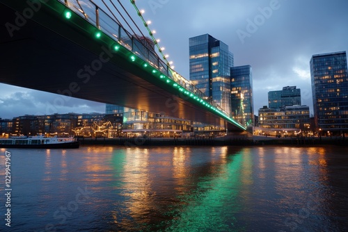 A stunning view of a modern bridge adorned with vibrant green lights, reflecting on the water below, framed by a futuristic city skyline glowing under dusk.