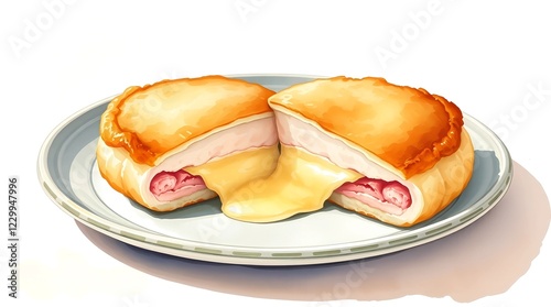 Delicious watercolor painting of crispy Cordon Bleu schnitzel with cheese oozing out on neutral tablecloth