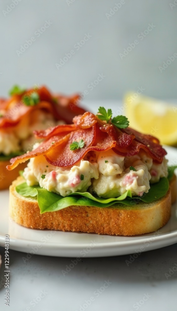 Tuna salad and crispy bacon on top of a toasted Danish bread, meal, tuna Tuna salad and crispy bacon on top of a toasted Danish bread, meal, tuna