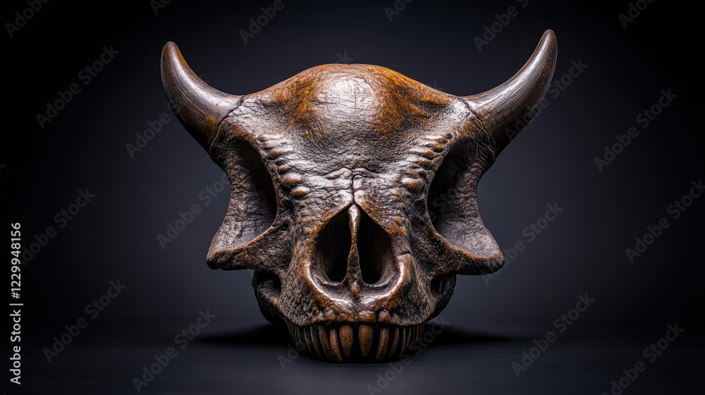 A close-up view of a dramatic animal skull with prominent horns, set against a dark background, This striking image can be used for educational purposes, artistic projects A close-up view of a dramatic animal skull with prominent horns, set against a dark background, This striking image can be used for educational purposes, artistic projects
