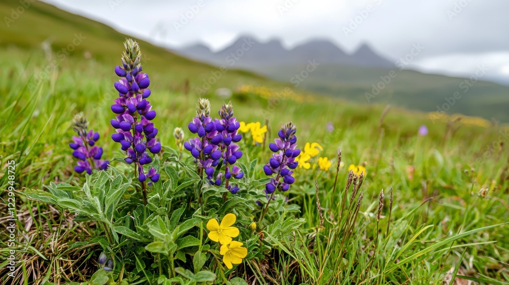 Obraz premium Vibrant Lupines and Yellow Wildflowers in Mountain Meadow