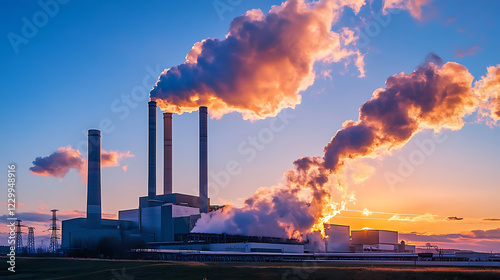 Industrial Power Plant Emitting Smoke Against a Vibrant Sunset Sky
