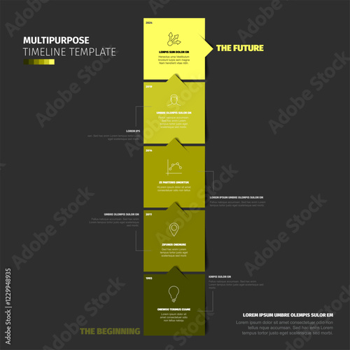 Multipurpose square green blocks time line template with sample text content and icons on black background. Simple straight vertical infochart for company history visualization