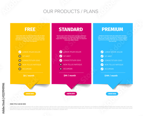 A vibrant product plan comparison chart template displays three options: Free, Standard, and Premium. Each plan highlights features and monthly pricing in a colorful, easy-to-read format.