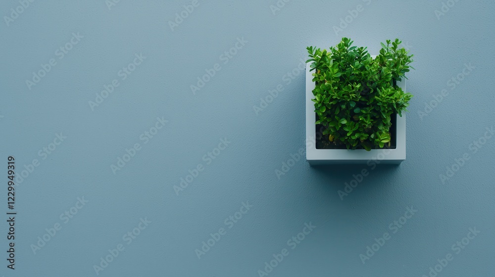 Obraz premium Modern Minimalist Decor with Small Green Plant in Square Pot on Soft Blue Background