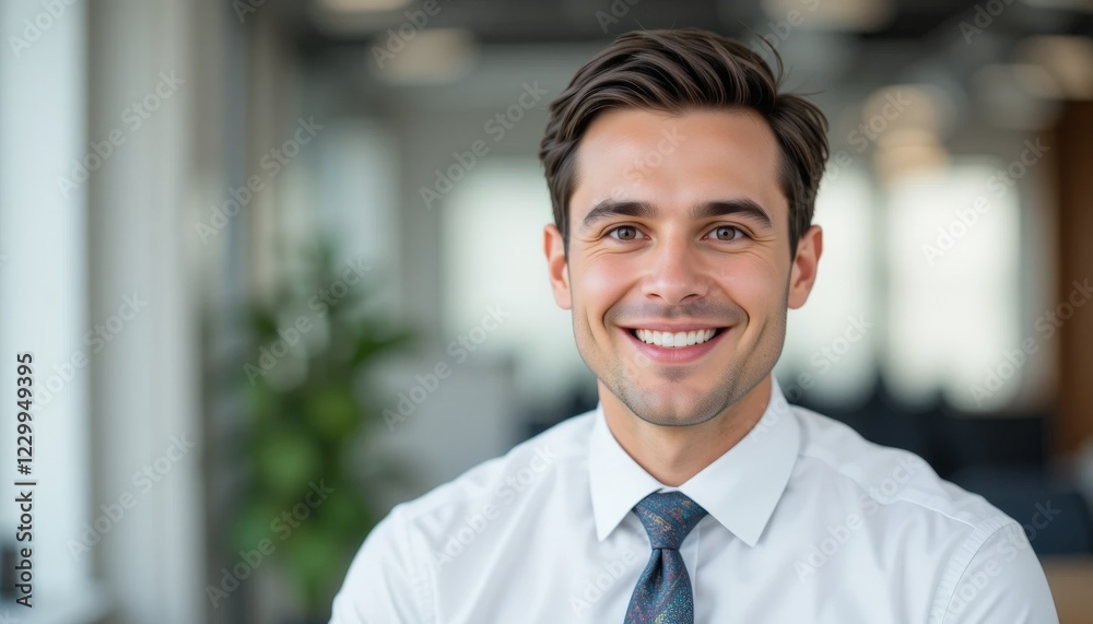Obraz premium Portrait of young happy professional business man, smiling corporate leader in his 30s, confident businessman executive manager wearing white shirt and tie looking at camera in office. Headshot. 