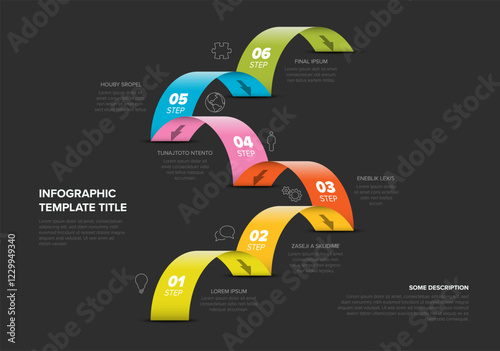Dark infographic image displays a six-step process with vibrant, overlapping jumps, each step numbered and color-coded. It includes placeholder text and icons for visual enhancement.