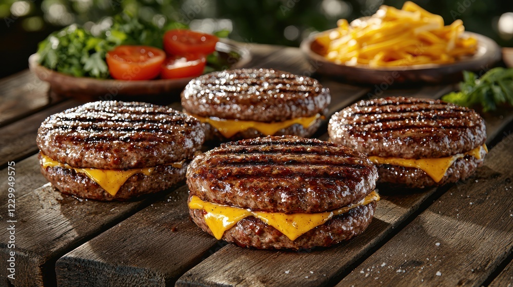 Grilled burgers with melted cheese, ready to be served with fresh toppings on a picnic table Grilled burgers with melted cheese, ready to be served with fresh toppings on a picnic table