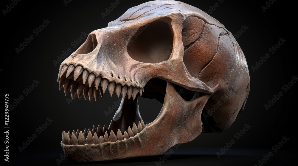 Naklejka premium A detailed depiction of a dinosaur skull, showcasing its texture and intricate features, suitable for educational materials, articles on prehistoric life, or as a striking element in design projects,