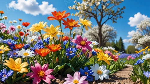 A vibrant spring scene with blooming flowers and a clear blue sky.