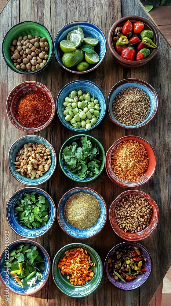 A close-up of Thai spices in colorful bowls arranged on a wooden table. picture A close-up of Thai spices in colorful bowls arranged on a wooden table. picture