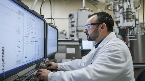 Scientist Analyzing Data on Computer in Modern Laboratory Environment