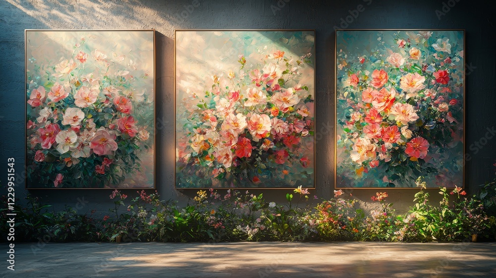 Fototapeta premium Stunning floral art showcase modern gallery digital paintings bright environment artistic viewpoint nature's beauty