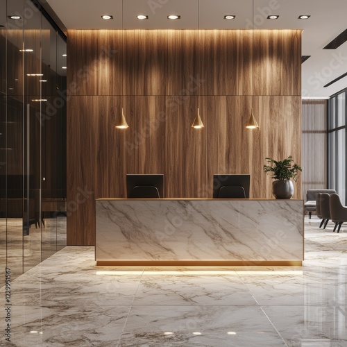 Front view of a ligth wooden reception counter standing in an office lobby with marble floor and armchairs. There are people in it. 3d rendering. Double exposure photo