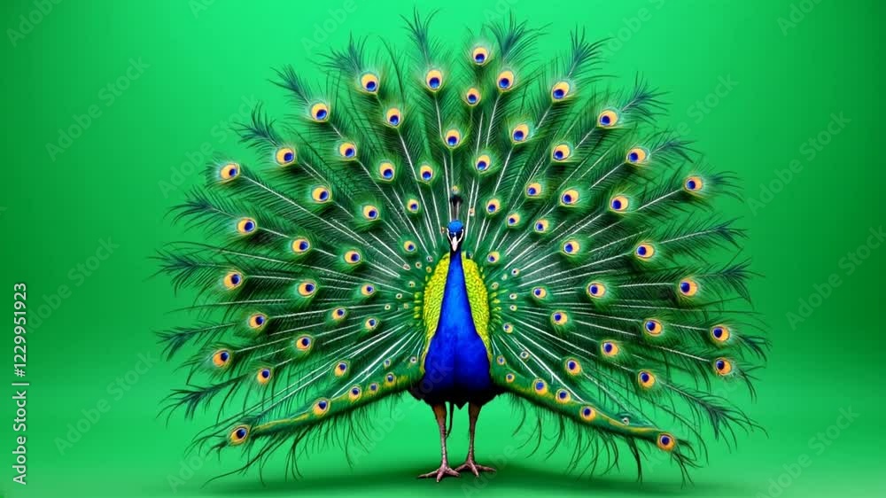 Peacock displaying vibrant plumage against green screen for graphic design