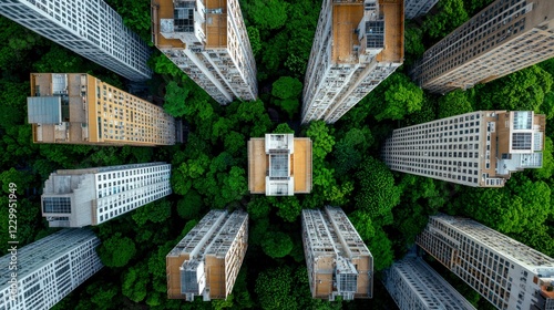 Aerial View of City High Rises Surrounded by Lush Greenery