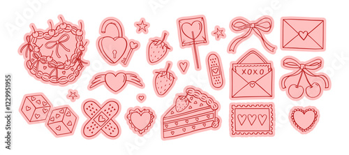 Coquette Valentines day Pink stickers. Vector hand drawn Love letter, lock, key, retro cakes, bow, cherry, hearts, dice. Trendy vintage line art