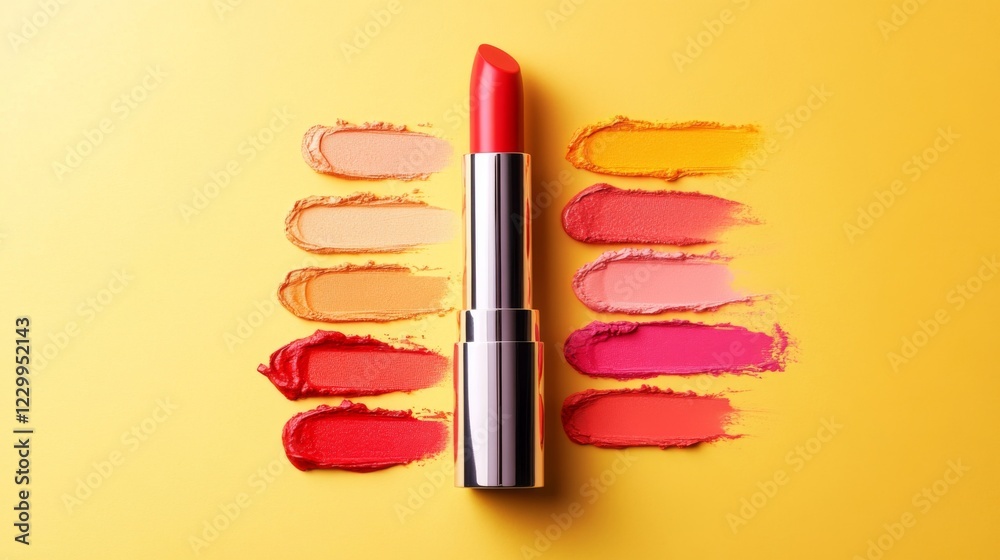 Obraz premium A dynamic image of an open lipstick case with vibrant color swatches beside it, showcasing the variety of shades available for every occasion