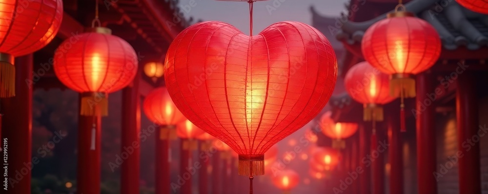 Obraz premium Red heart formed by Chinese lanterns and pagodas , elegant, charming, pagoda